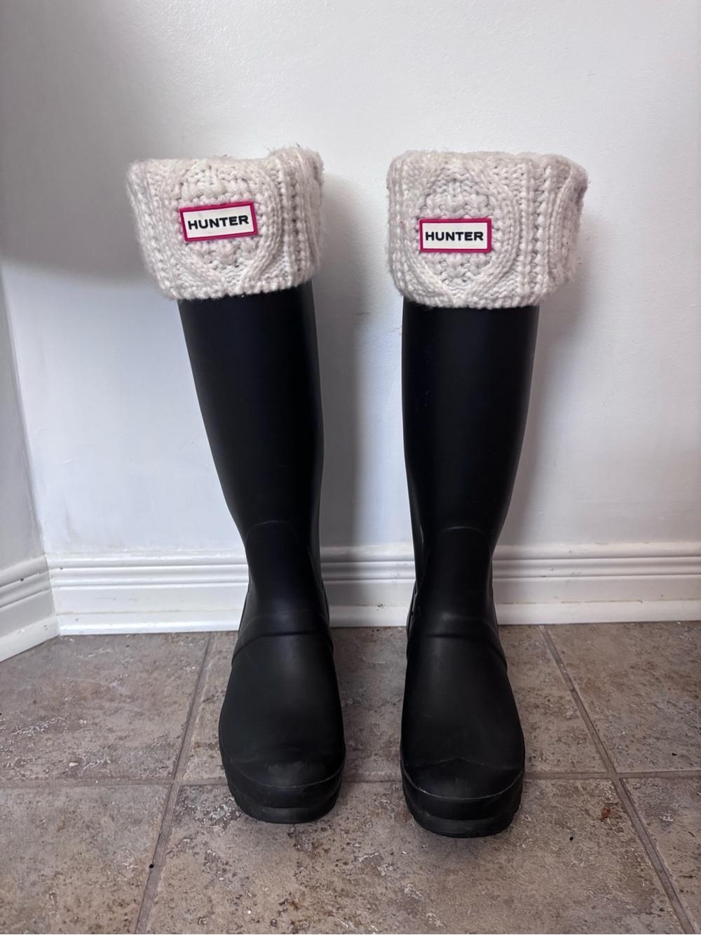 Hunter Matte Black Tall Rain Boots with Cream Sock Liners